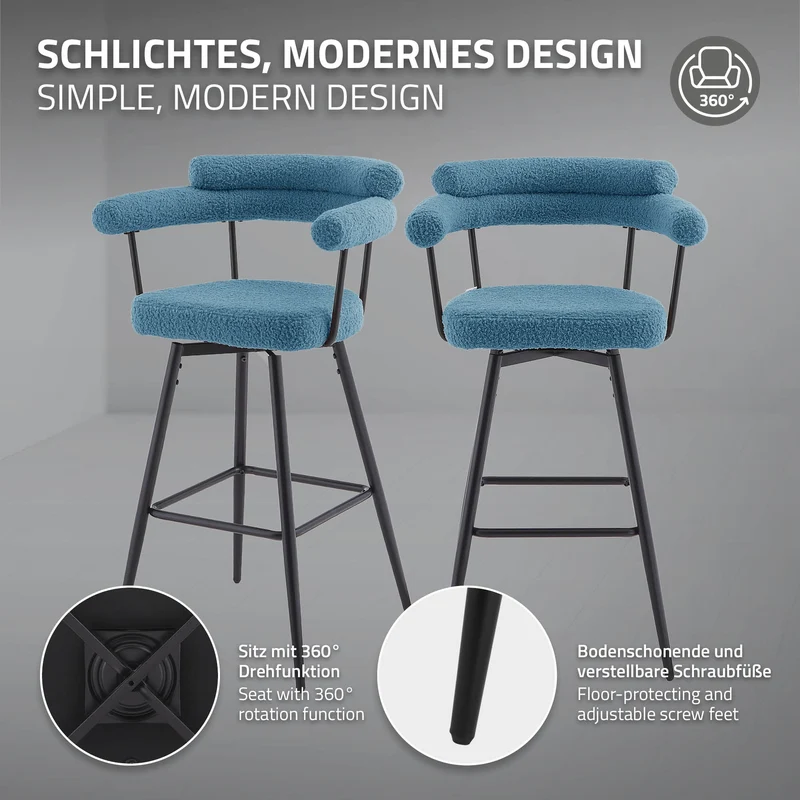 2er Set Barhocker 360° drehbar Blau 61x103x55 cm mit Arm-, Rückenlehne und Fußstütze bis 120 kg ML-Design