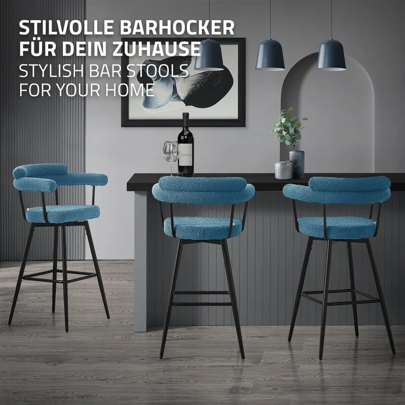 2er Set Barhocker 360° drehbar Blau 61x103x55 cm mit Arm-, Rückenlehne und Fußstütze bis 120 kg ML-Design