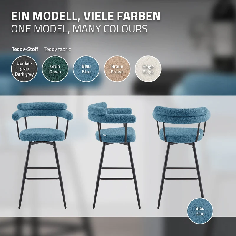 2er Set Barhocker 360° drehbar Blau 61x103x55 cm mit Arm-, Rückenlehne und Fußstütze bis 120 kg ML-Design