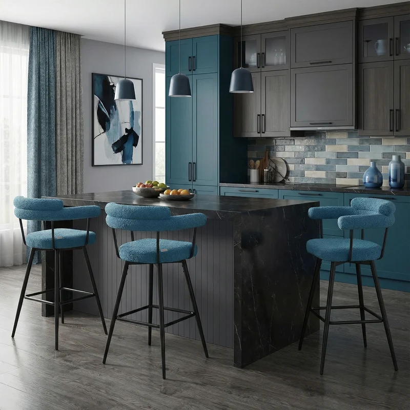 2er Set Barhocker 360° drehbar Blau 61x103x55 cm mit Arm-, Rückenlehne und Fußstütze bis 120 kg ML-Design