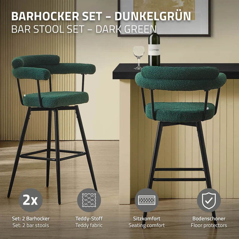 2er Set Barhocker 360° drehbar Dunkelgrün 61x103x55 cm mit Arm-, Rückenlehne und Fußstütze bis 120 kg ML-Design