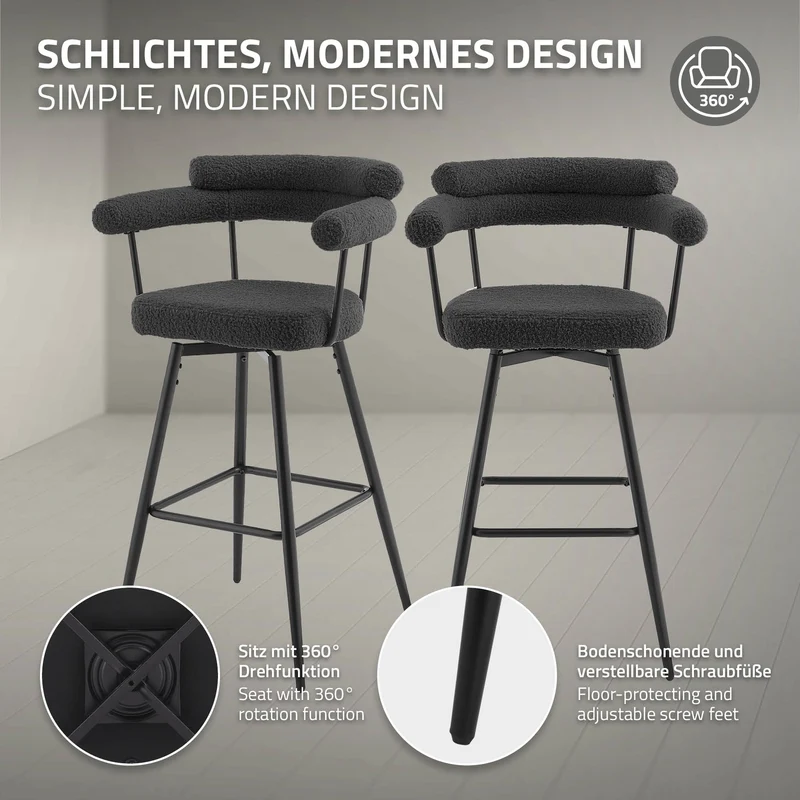 4er Set Barhocker 360° drehbar Dunkelgrau 61x103x55 cm mit Arm-, Rückenlehne und Fußstütze bis 120 kg ML-Design