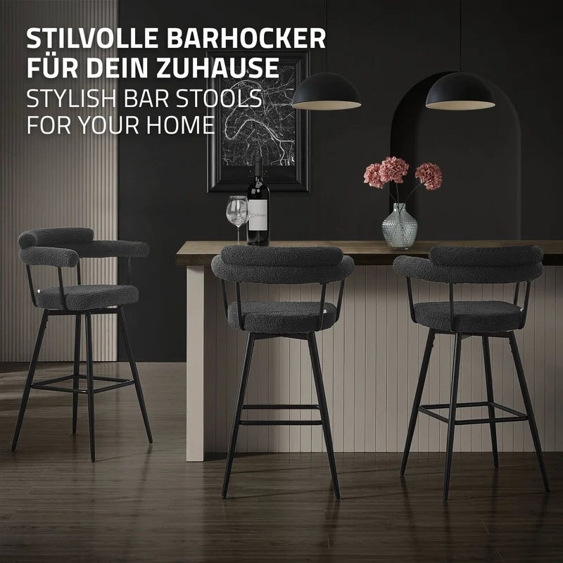 4er Set Barhocker 360° drehbar Dunkelgrau 61x103x55 cm mit Arm-, Rückenlehne und Fußstütze bis 120 kg ML-Design