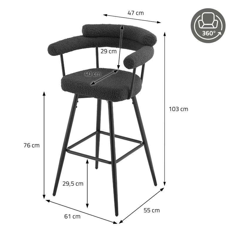 4er Set Barhocker 360° drehbar Dunkelgrau 61x103x55 cm mit Arm-, Rückenlehne und Fußstütze bis 120 kg ML-Design