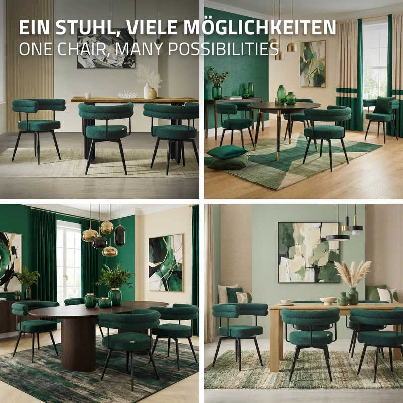 6er Set Esszimmerstühle 360° drehbar in Dunkelgrün Teddy-Stoff mit Arm- und Rückenlehnen Küchenstuhl ML-Design