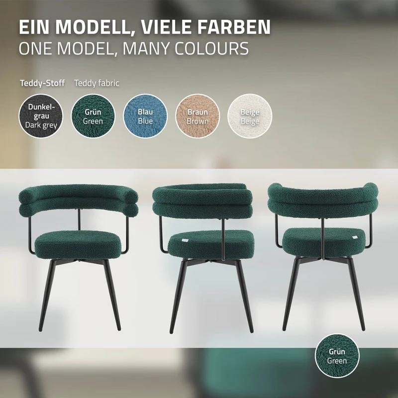 4er Set Esszimmerstühle 360° drehbar in Dunkelgrün Teddy-Stoff mit Arm- und Rückenlehnen Küchenstuhl ML-Design