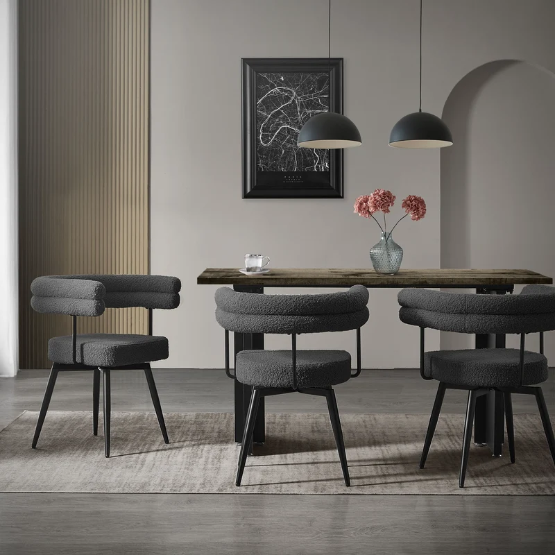 6er Set Esszimmerstühle 360° drehbar in Dunkelgrau Teddy-Stoff mit Arm- und Rückenlehnen Küchenstuhl ML-Design