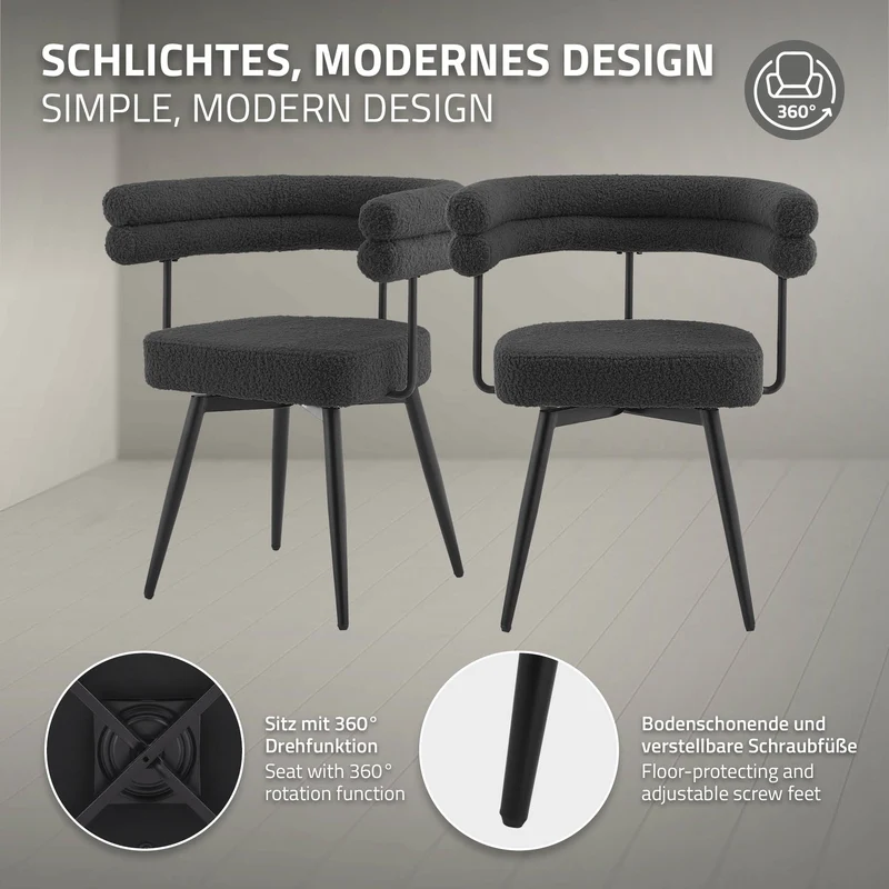 4er Set Esszimmerstühle 360° drehbar in Dunkelgrau Teddy-Stoff mit Arm- und Rückenlehnen Küchenstuhl ML-Design