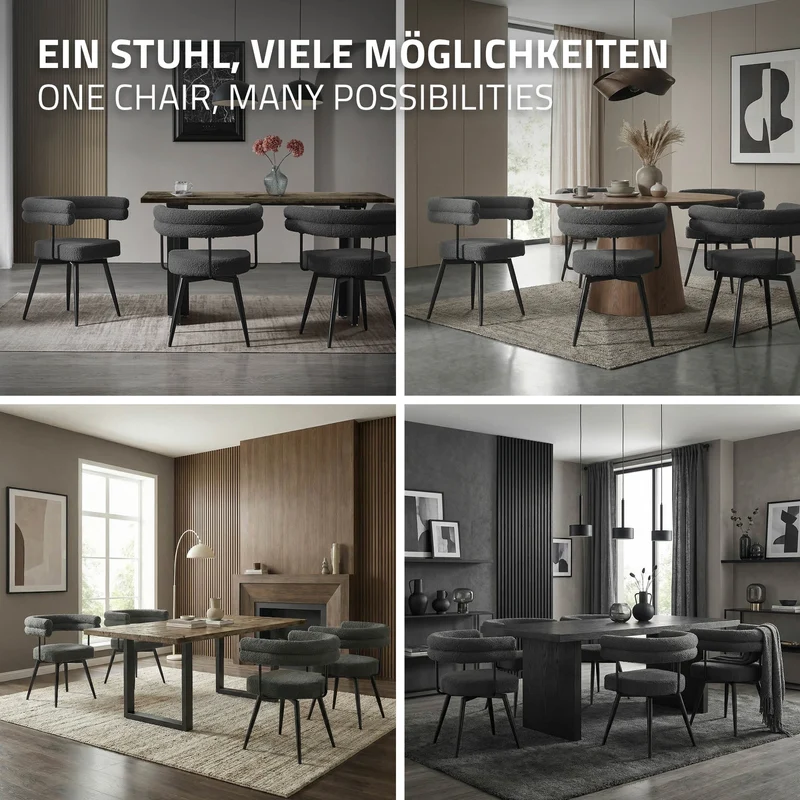 4er Set Esszimmerstühle 360° drehbar in Dunkelgrau Teddy-Stoff mit Arm- und Rückenlehnen Küchenstuhl ML-Design