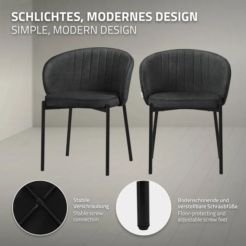 6er Set Esszimmerstühle mit Rücken- & Armlehne Anthrazit mit Metallbeinen bis 120 kg ML-Design