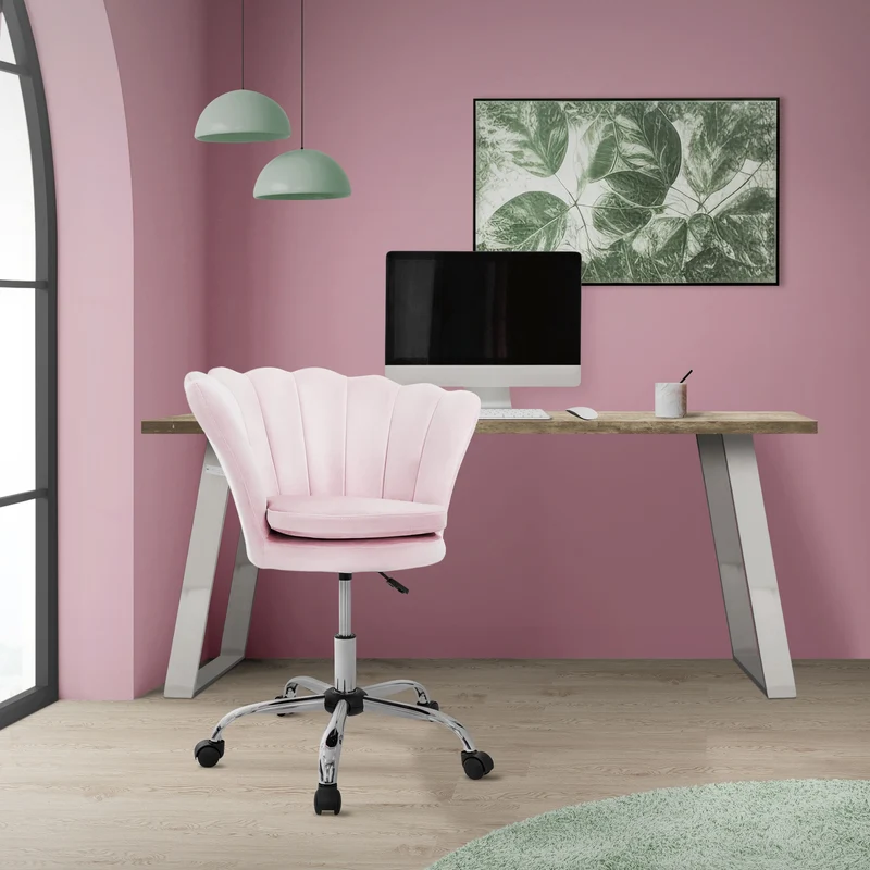 B-Ware Bürostuhl mit Rollen und Rückenlehne Muscheldesign 68x68 cm Hellrosa aus Samt Schminktisch Stuhl ML-Design