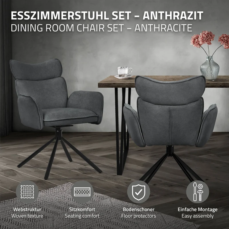 Esszimmerstuhl 4er Set drehbar Anthrazit mit Rücken- und Armlehne bis 120 kg ML-Design