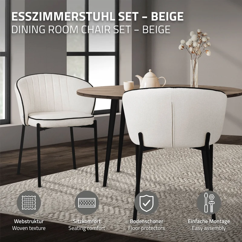 6er Set Esszimmerstühle mit Rücken- & Armlehne Beige mit Metallbeinen bis 120 kg ML-Design