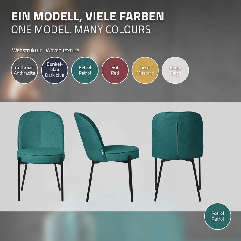 Esszimmerstühle 6er Set Petrol mit Rückenlehne, Polsterstühle für Esszimmer & Küche ML-Design
