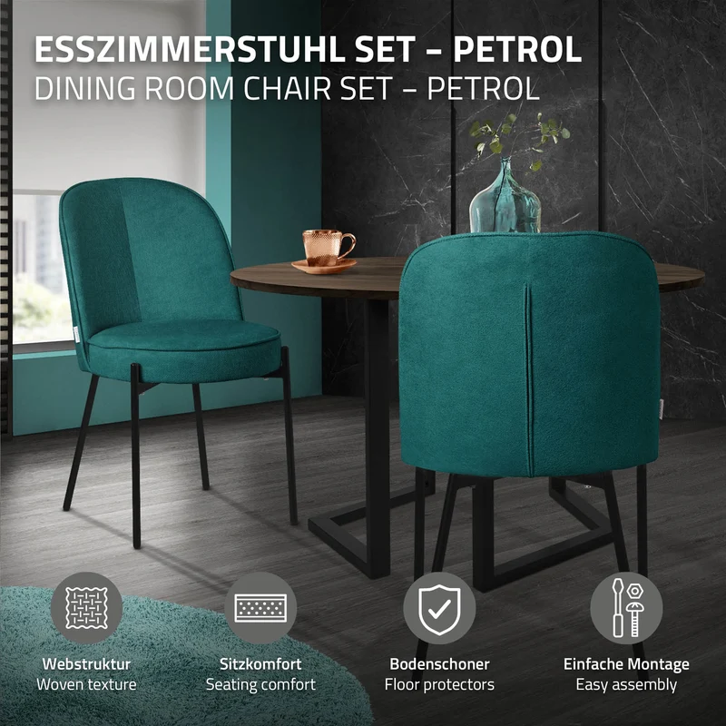 Esszimmerstühle 4er Set Petrol mit Rückenlehne, Polsterstühle für Esszimmer & Küche ML-Design