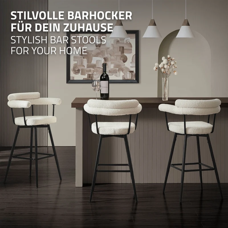2er Set Barhocker 360° drehbar Beige 61x103x55 cm mit Arm-, Rückenlehne und Fußstütze bis 120 kg ML-Design