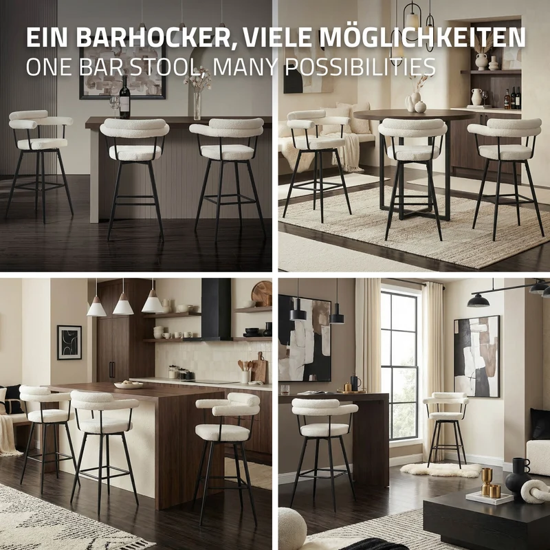 2er Set Barhocker 360° drehbar Beige 61x103x55 cm mit Arm-, Rückenlehne und Fußstütze bis 120 kg ML-Design