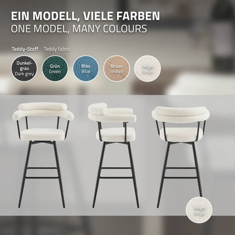 2er Set Barhocker 360° drehbar Beige 61x103x55 cm mit Arm-, Rückenlehne und Fußstütze bis 120 kg ML-Design
