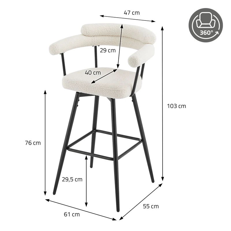 2er Set Barhocker 360° drehbar Beige 61x103x55 cm mit Arm-, Rückenlehne und Fußstütze bis 120 kg ML-Design