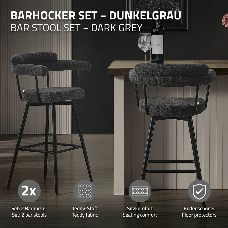 2er Set Barhocker 360° drehbar Dunkelgrau 61x103x55 cm mit Arm-, Rückenlehne und Fußstütze bis 120 kg ML-Design
