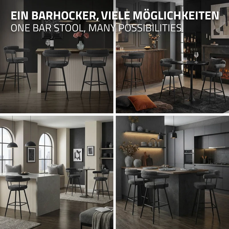 2er Set Barhocker 360° drehbar Dunkelgrau 61x103x55 cm mit Arm-, Rückenlehne und Fußstütze bis 120 kg ML-Design