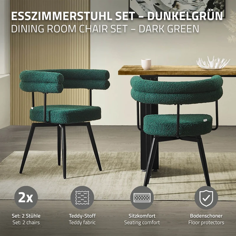 2er Set Esszimmerstühle 360° drehbar in Dunkelgrün Teddy-Stoff mit Arm- und Rückenlehnen Küchenstuhl ML-Design