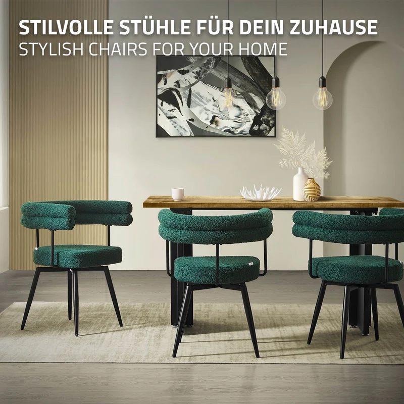 2er Set Esszimmerstühle 360° drehbar in Dunkelgrün Teddy-Stoff mit Arm- und Rückenlehnen Küchenstuhl ML-Design
