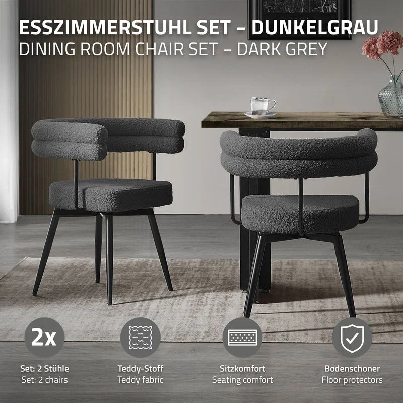2er Set Esszimmerstühle 360° drehbar in Dunkelgrau Teddy-Stoff mit Arm- und Rückenlehnen Küchenstuhl ML-Design