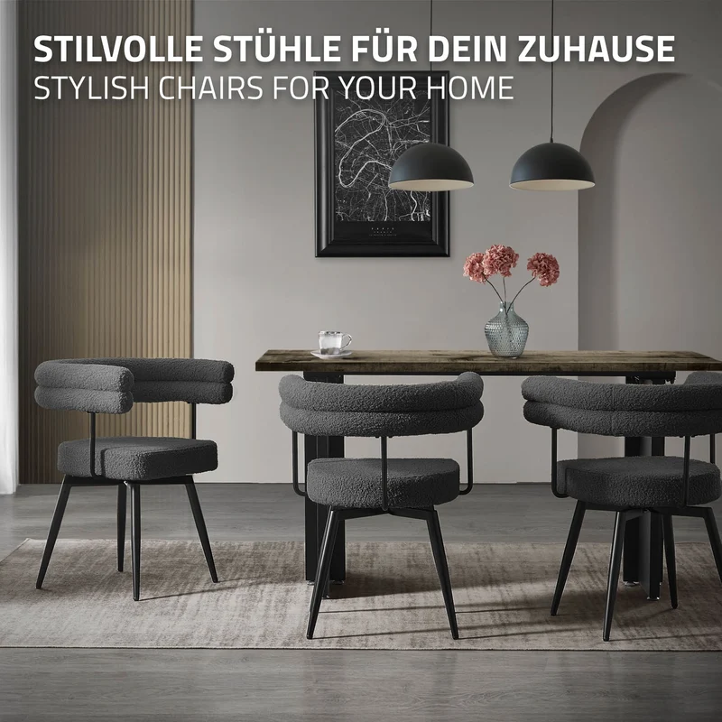 2er Set Esszimmerstühle 360° drehbar in Dunkelgrau Teddy-Stoff mit Arm- und Rückenlehnen Küchenstuhl ML-Design