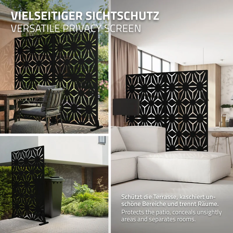Metall-Sichtschutz Torino Schwarz 90x180 cm aus Stahl Raumteiler mit 3 Paneele Trennwand erweiterbar mit Ständer ML-Design
