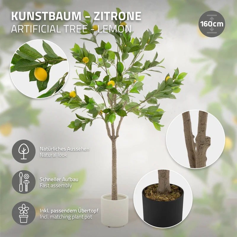 Künstlicher Zitronenbaum 160 cm Kunstpflanze im Topf mit Früchten ML-Design
