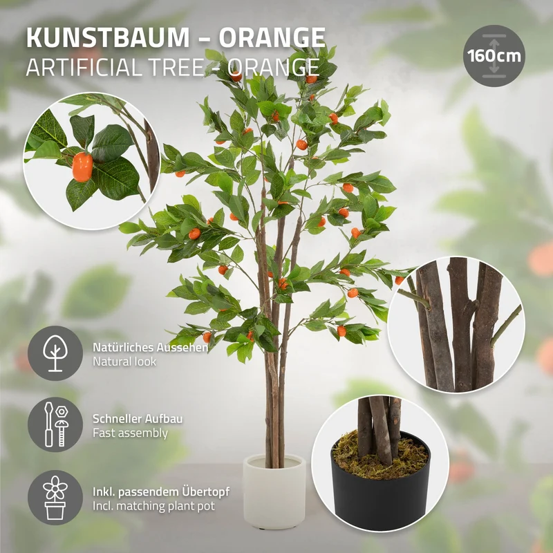 Künstlicher Orangenbaum 160 cm Kunstpflanze im Topf mit Früchten ML-Design