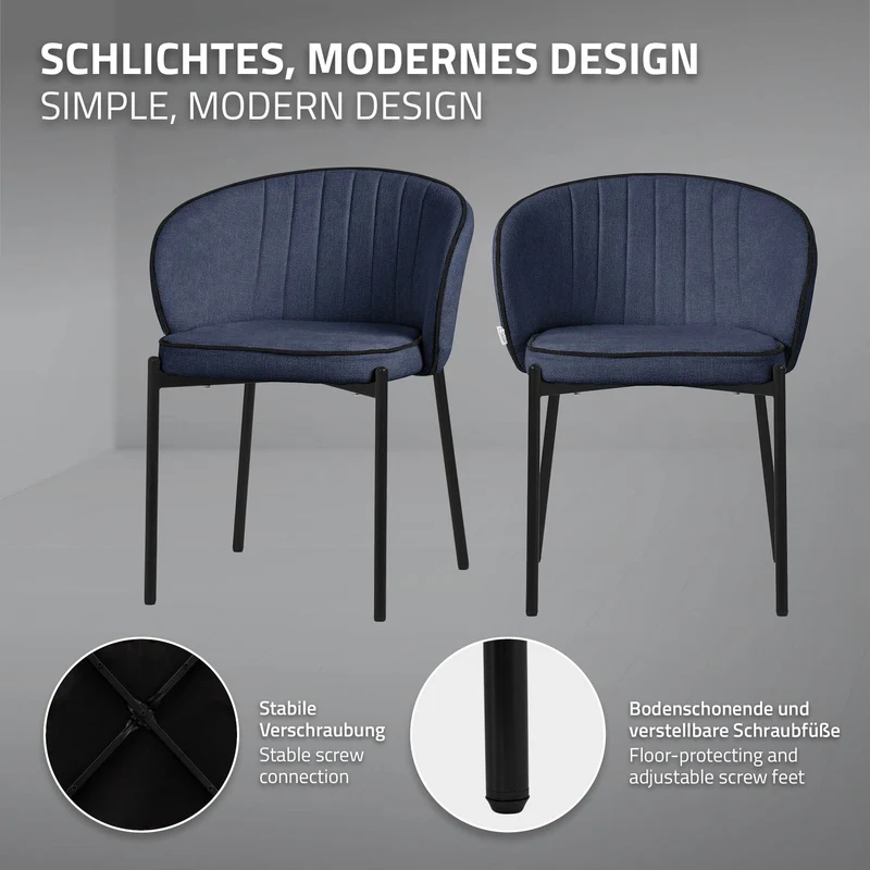 4er Set Esszimmerstühle mit Rücken- & Armlehne Dunkelblau mit Metallbeinen bis 120 kg ML-Design