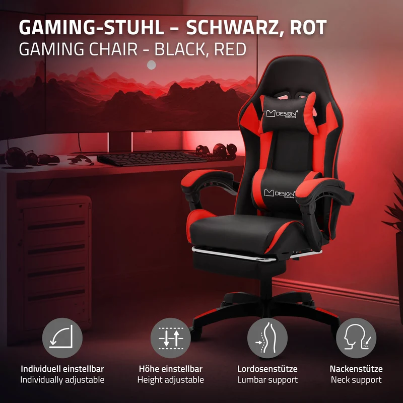 B-Ware Gaming Stuhl mit Fußstütze und Armlehne Schwarz-Rot, aus Kunstleder ML-Design