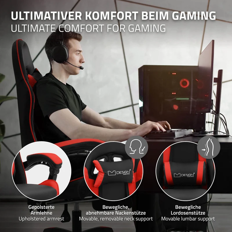 B-Ware Gaming Stuhl mit Fußstütze und Armlehne Schwarz-Rot, aus Kunstleder ML-Design