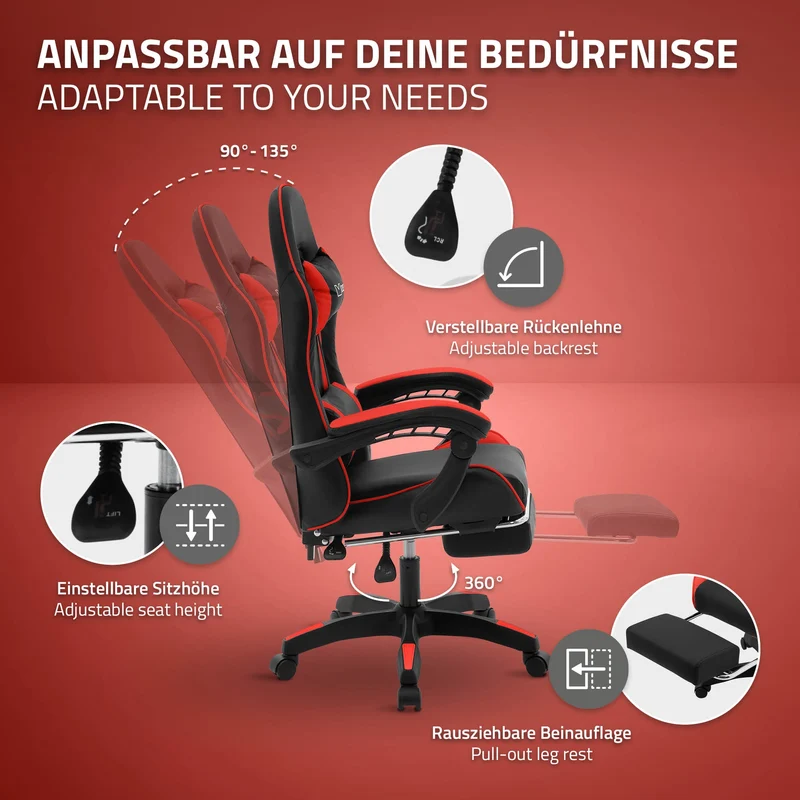 B-Ware Gaming Stuhl mit Fußstütze und Armlehne Schwarz-Rot, aus Kunstleder ML-Design