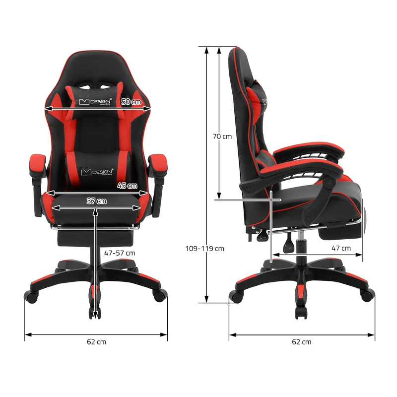 B-Ware Gaming Stuhl mit Fußstütze und Armlehne Schwarz-Rot, aus Kunstleder ML-Design