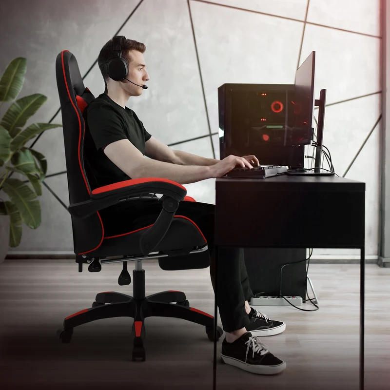 B-Ware Gaming Stuhl mit Fußstütze und Armlehne Schwarz-Rot, aus Kunstleder ML-Design