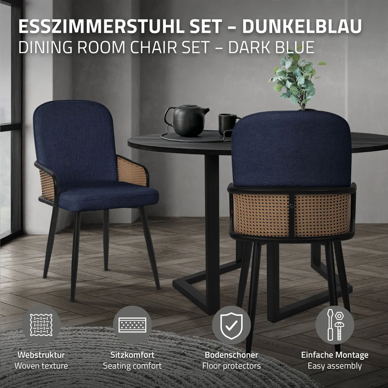 Esszimmerstühle 4er Set Dunkelblau mit Arm- & Rückenlehne, Polsterstühle für Esszimmer & Küche ML-Design