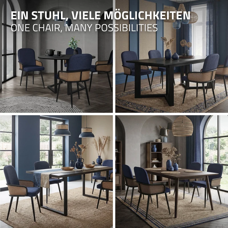 Esszimmerstühle 4er Set Dunkelblau mit Arm- & Rückenlehne, Polsterstühle für Esszimmer & Küche ML-Design