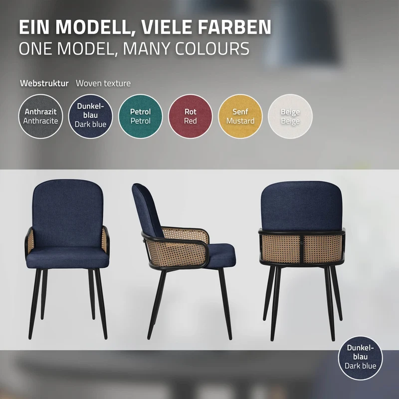 Esszimmerstühle 4er Set Dunkelblau mit Arm- & Rückenlehne, Polsterstühle für Esszimmer & Küche ML-Design