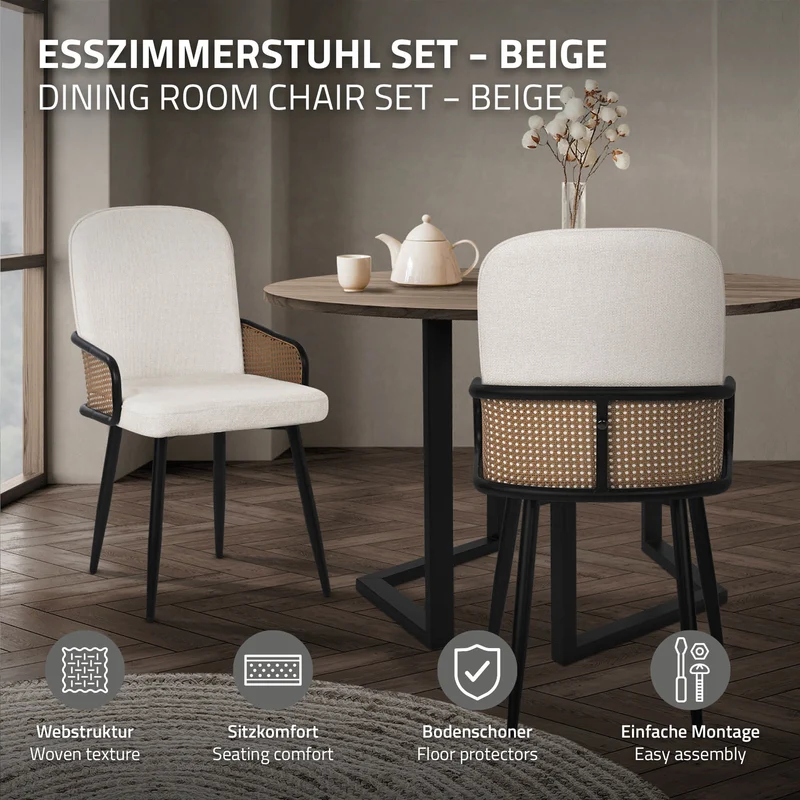 Esszimmerstühle 6er Set Beige mit Arm- & Rückenlehne, Polsterstühle für Esszimmer & Küche ML-Design