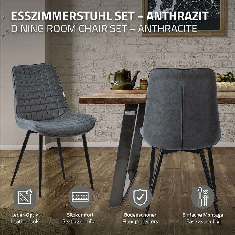 Esszimmerstuhl 6er Set Anthrazit mit Kunstlederbezug und Stahlbeinen Küchenstuhl mit Rückenlehne ML-Design