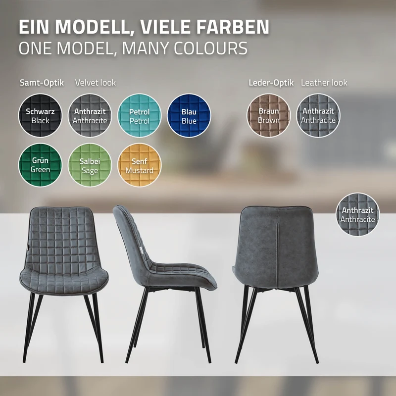 Esszimmerstuhl 6er Set Anthrazit mit Kunstlederbezug und Stahlbeinen Küchenstuhl mit Rückenlehne ML-Design