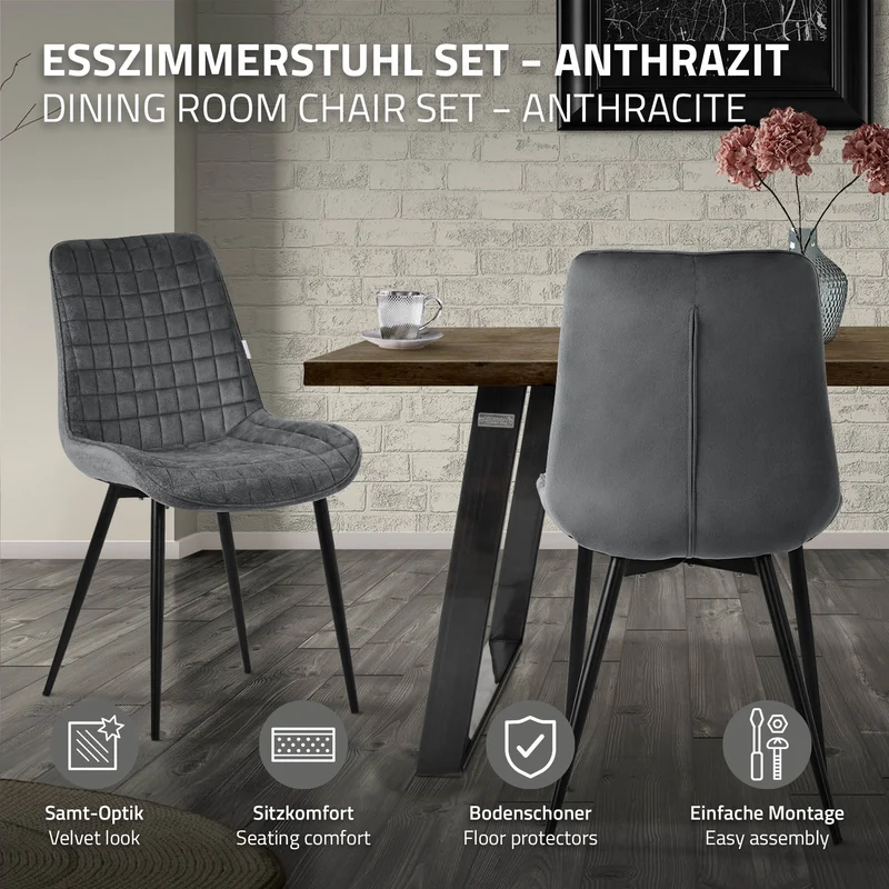 Esszimmerstuhl 6er Set Anthrazit mit Samtbezug und Stahlbeinen Küchenstuhl mit Rückenlehne ML-Design