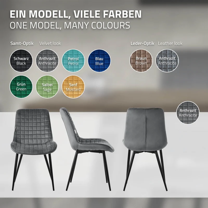 Esszimmerstuhl 6er Set Anthrazit mit Samtbezug und Stahlbeinen Küchenstuhl mit Rückenlehne ML-Design