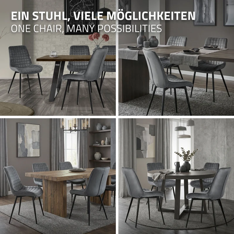 Esszimmerstuhl 4er Set Anthrazit mit Samtbezug und Stahlbeinen Küchenstuhl mit Rückenlehne ML-Design