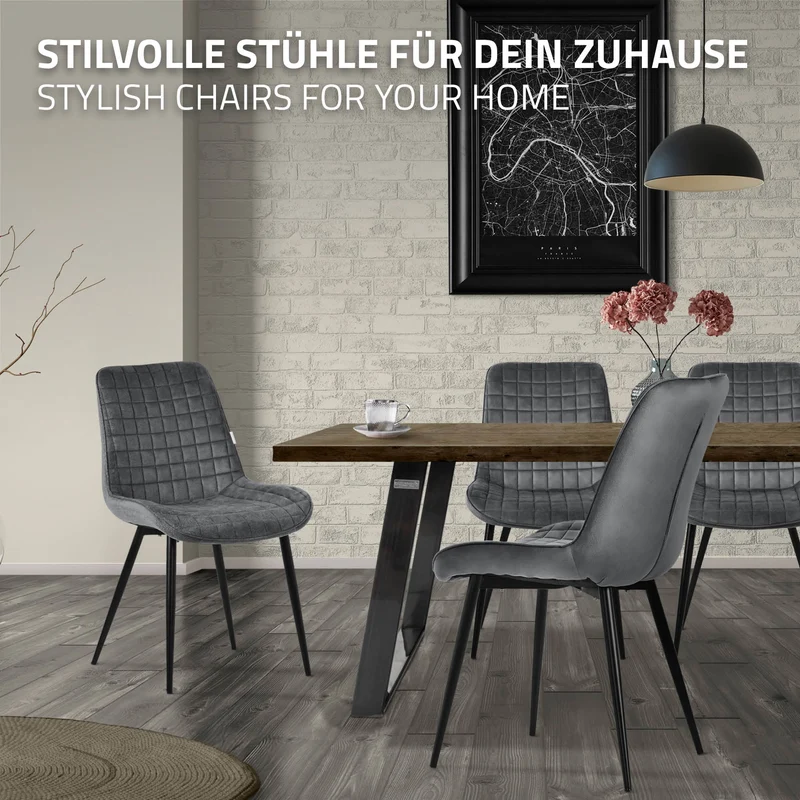 Esszimmerstuhl 2er Set Anthrazit mit Samtbezug und Stahlbeinen Küchenstuhl mit Rückenlehne ML-Design