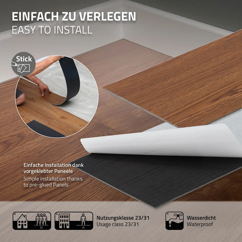 2er Set Deluxe PVC Klebevinylboden für 2,23 m² Roteiche Braun 2 mm dick ML-Design