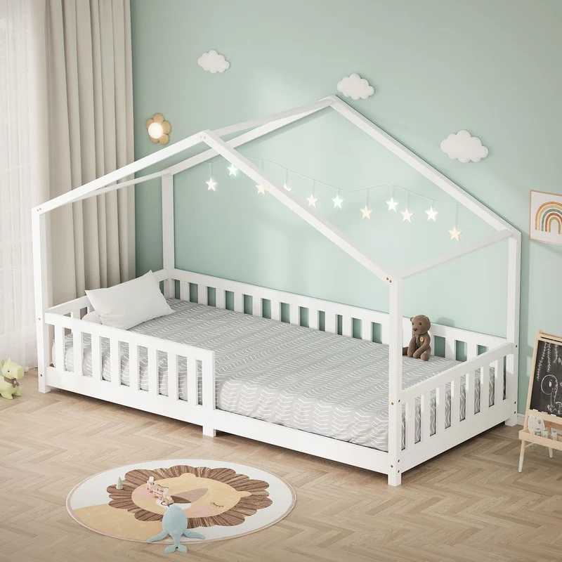 Kinderbett Hausbett 90x200 cm Weiß aus Kiefernholz Holzbett mit Rausfallschutz und Lattenrost ML-Design